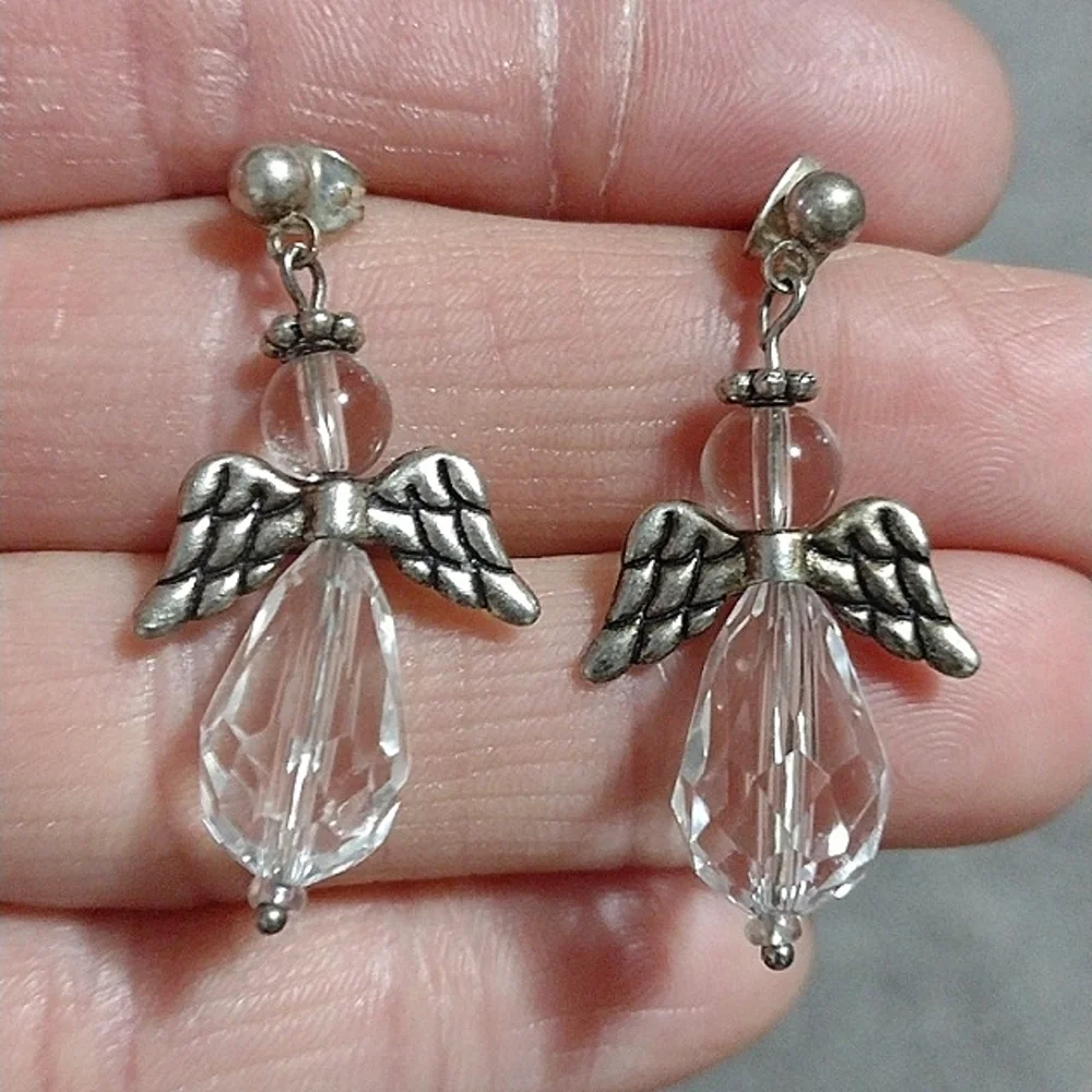 VINTAGE CRYSTAL ANGEL SILVER-TONE DROP DANGLE PUSH-BACK 1.9